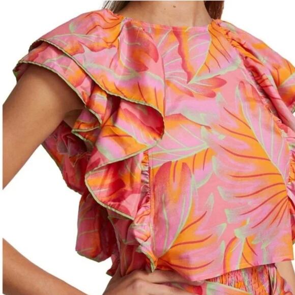 Farm Rio Bright Forest Set | Tropical Ruffle L Top, Smocked M Pants Resort Wear - Picture 6 of 10